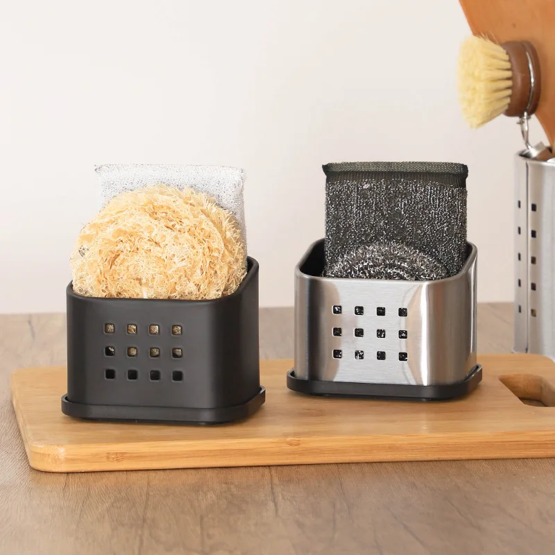 Escurridor de esponja de metal, organizador de almacenamiento de cocina, caja de almacenamiento con borde para fregadero, ahorro de espacio y duradero