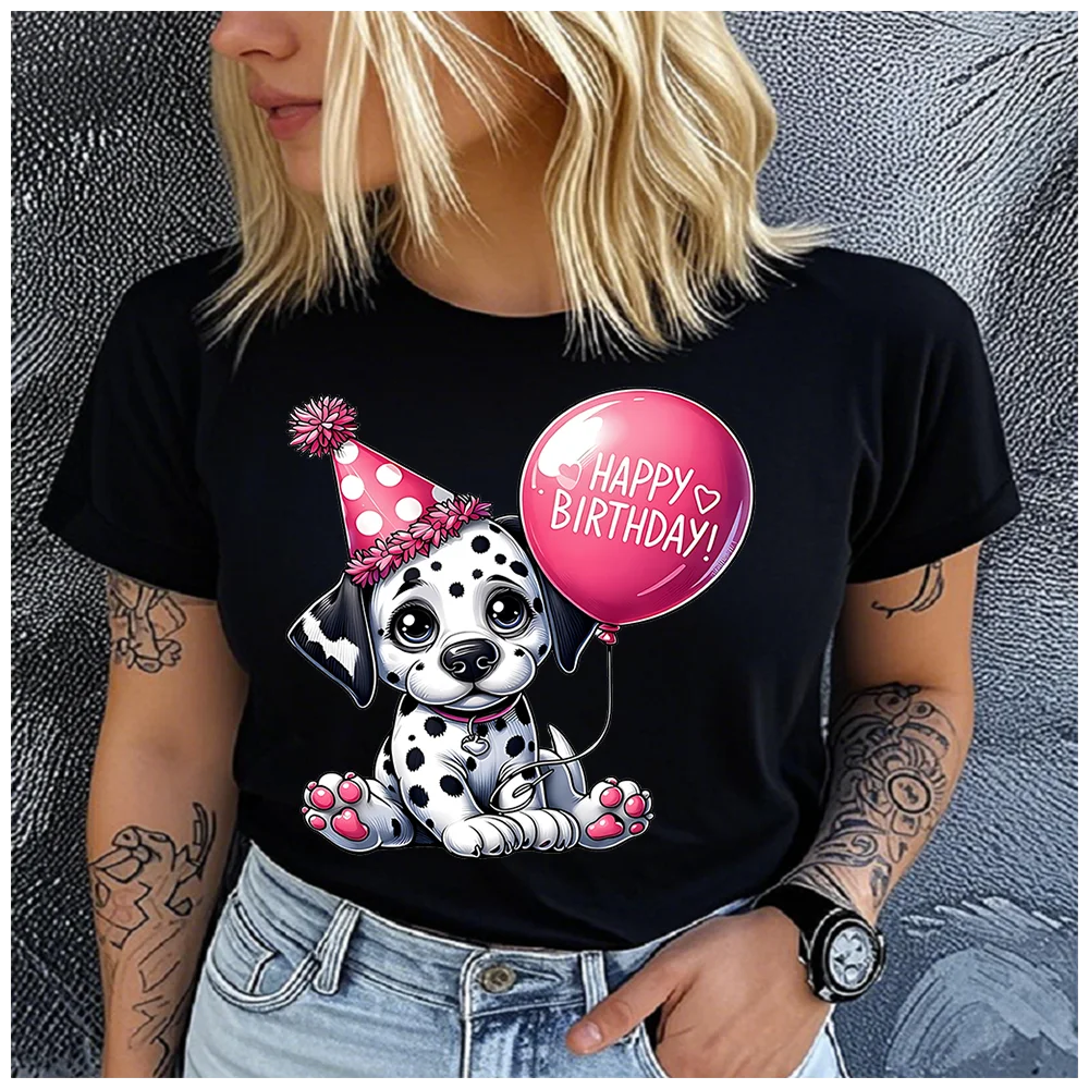 Women's Cotton 100% Balloon Flower Dog Print T-shirt Loose round Neck Casual Short Sleeve Fashion Top  Clothing Summer