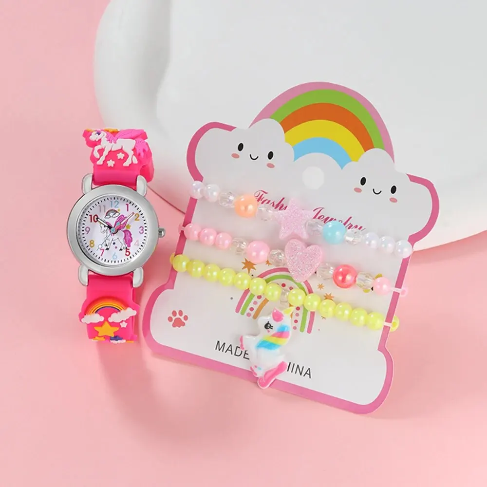 4pcs Girls' Unicorn Pattern Watch Silica Gel Quartz Watch Jewelry Set Children's Colorful Bracelet Set