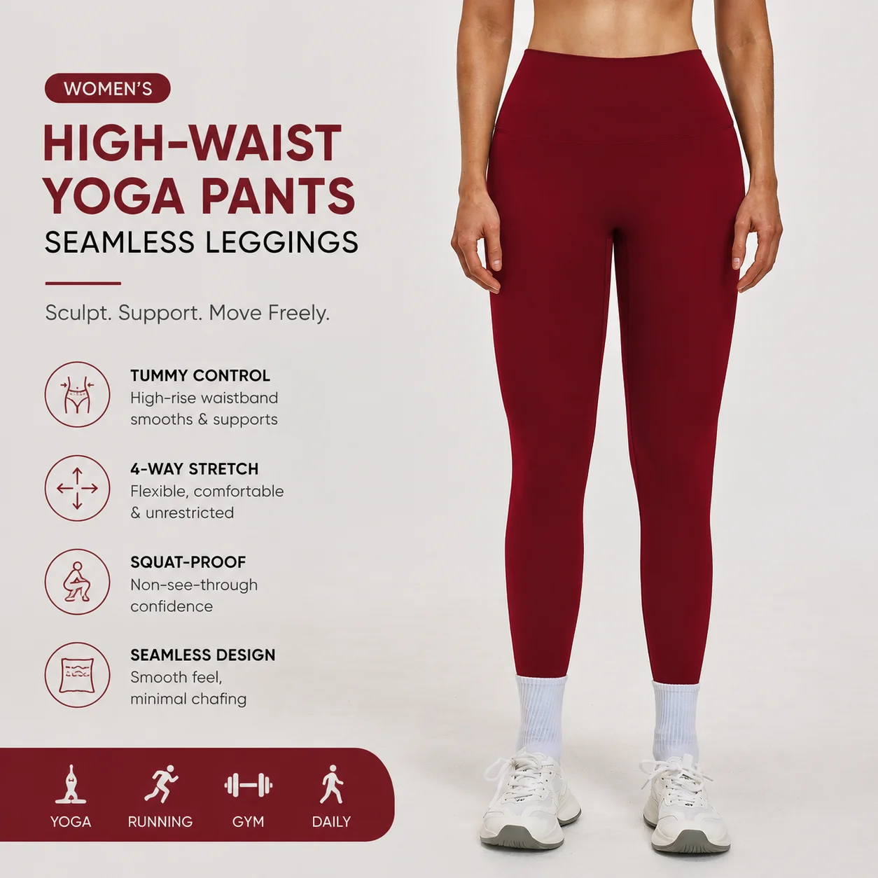Women's High-Waist Seamless Yoga Pants with Tummy Control Waistband Squat-Proof Stretch Leggings Gym Running Activewear Bottoms