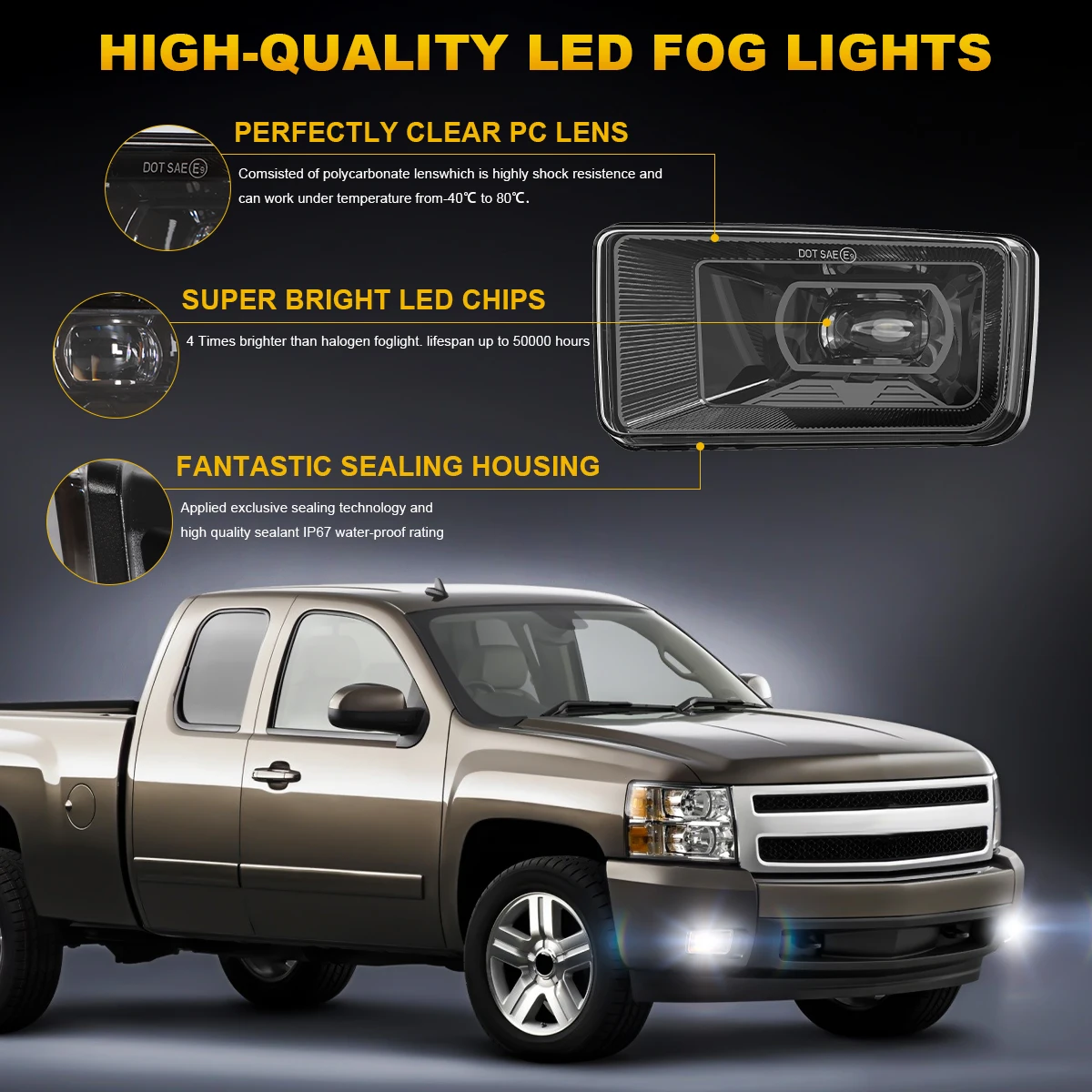 Rechthoekig met Amber DRL voor Chevy Silverado 1500/2500HD 3500HD 2007-2014 Avalanche Suburban Tahoe LED Mistlampen