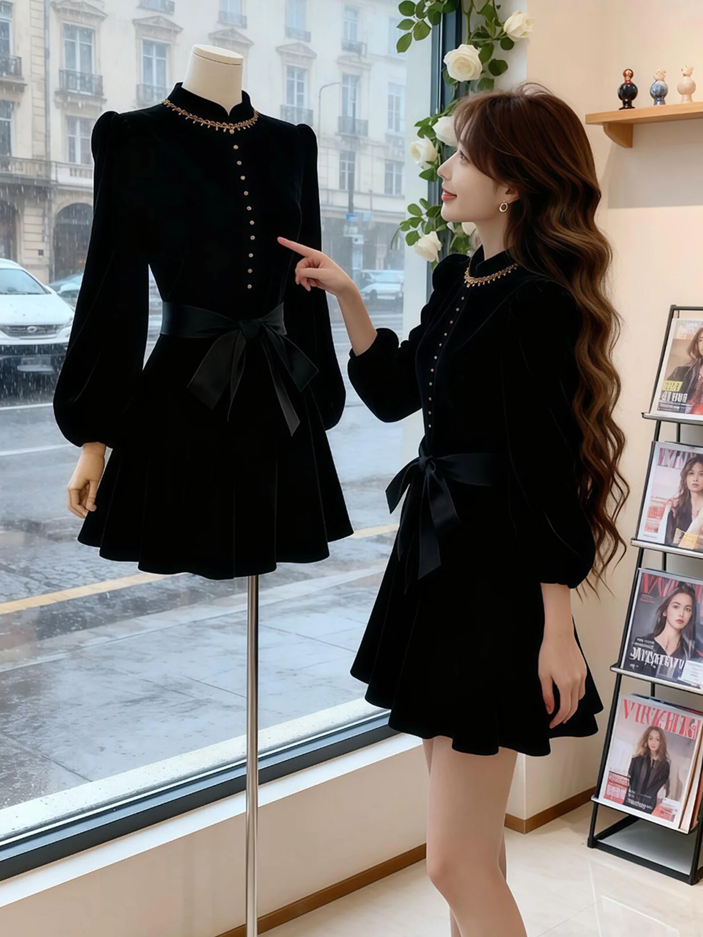 

Комплект Ele Slimming A-Line Dr для женщин: весенний сезон, с узлом, короткий/длинный рукав, воротник-стойка, облегающий крой