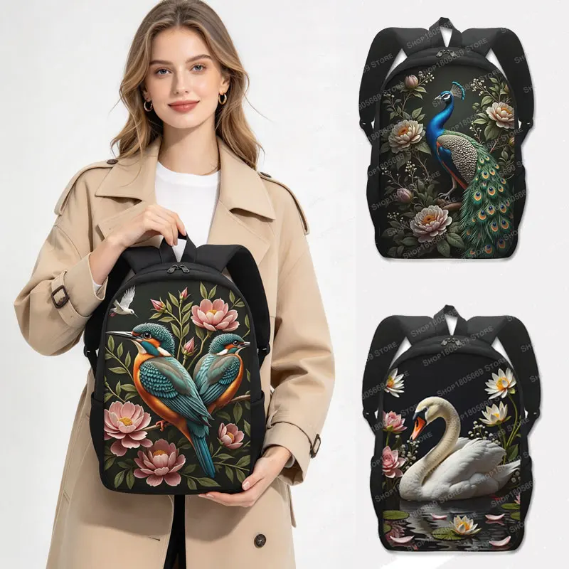 Mochila Vintage con Diseño de Pájaro y Flores, Pavo Real, Pico, Cisne, Mochila Escolar Floral, Mochila de Viaje para Adultos, Mochila para Portátil, Regalo para Amantes de las Aves