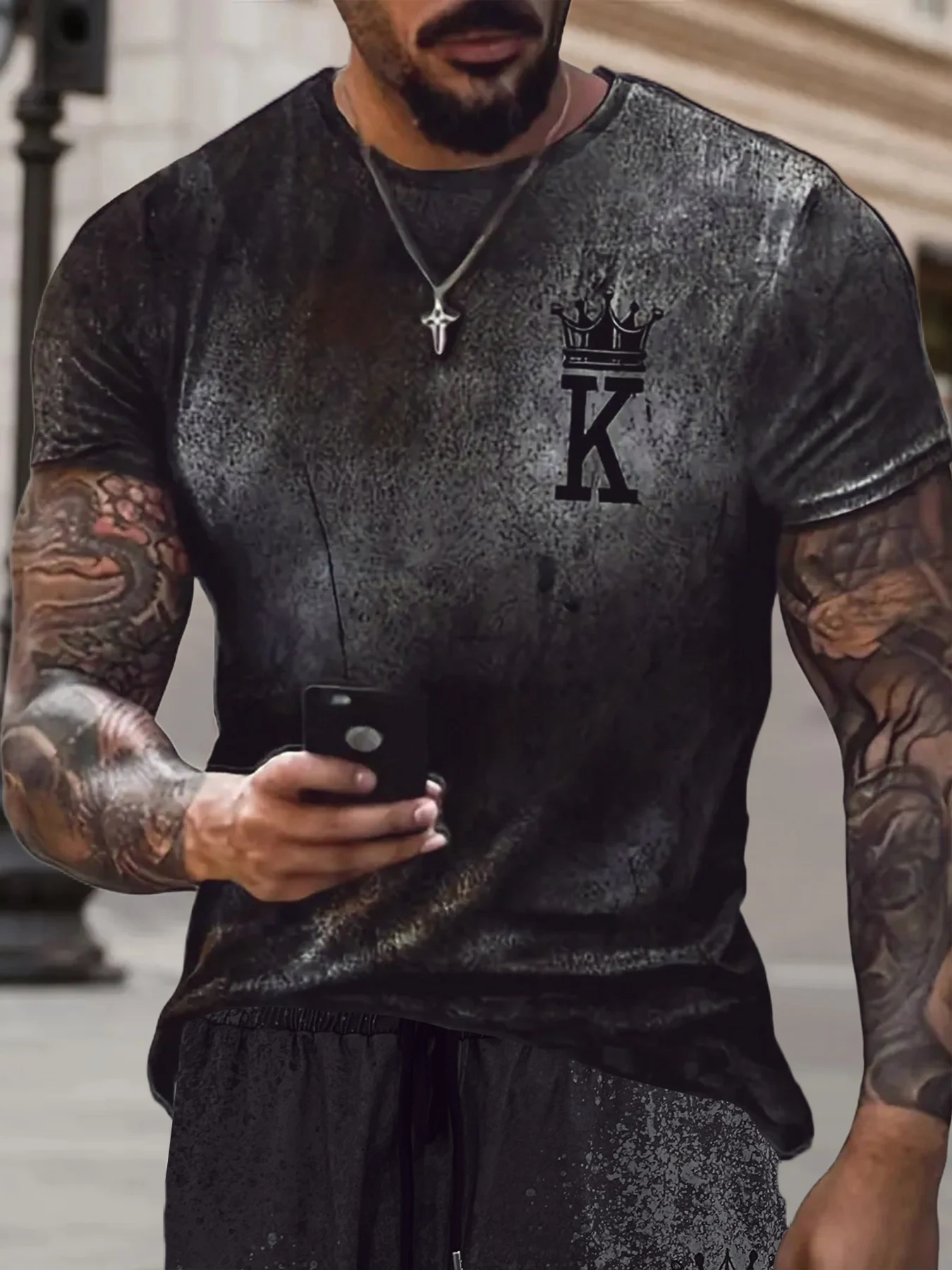 

Men's Black & Gray Gradient K Crown Set 2 Piece Short Sleeve T-Shirt & Drawstring Shorts Casual Outfit