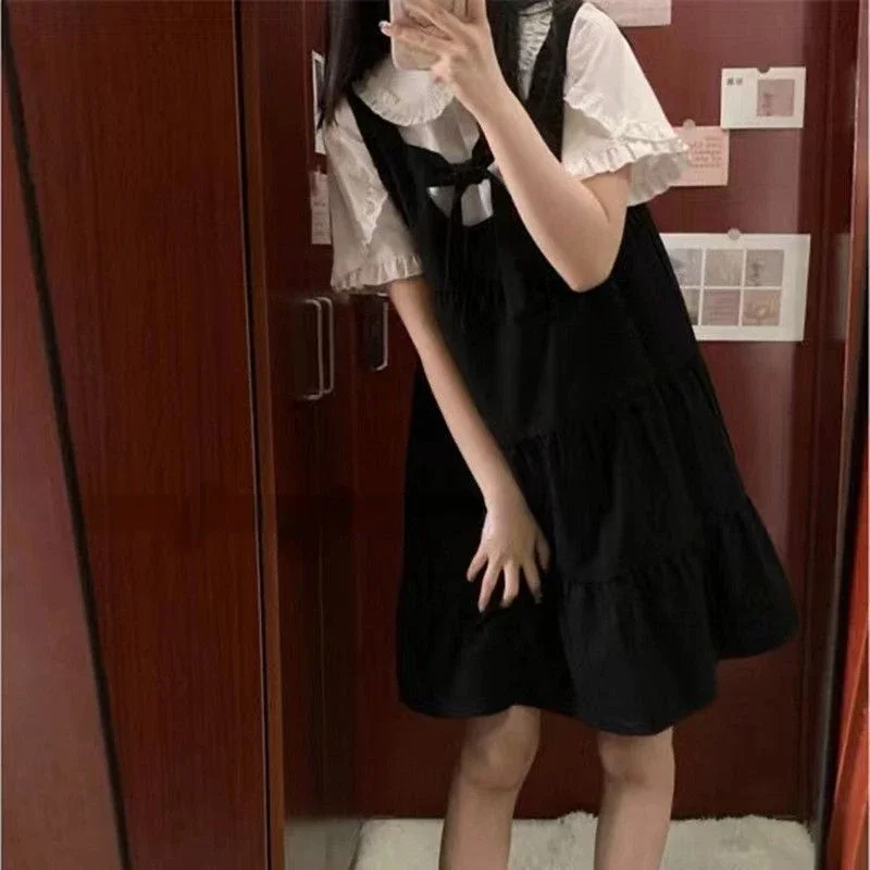 

Комплекты из 2 предметов, женские рубашки с воротником Питера Пэна, бандажные мини-платья, милые универсальные студенческие нежные модные свободные девичьи шикарные Ulzzang