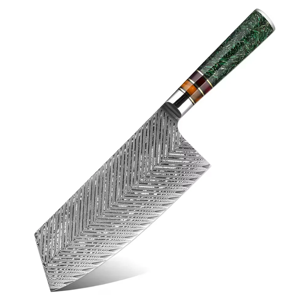 

7 Inch Cleaver Knife Japanese Damascus Steel Sharp Kitchen Knife,Butcher Knife for Chopping Meat &Veggies,Rice Husk Resin Handle