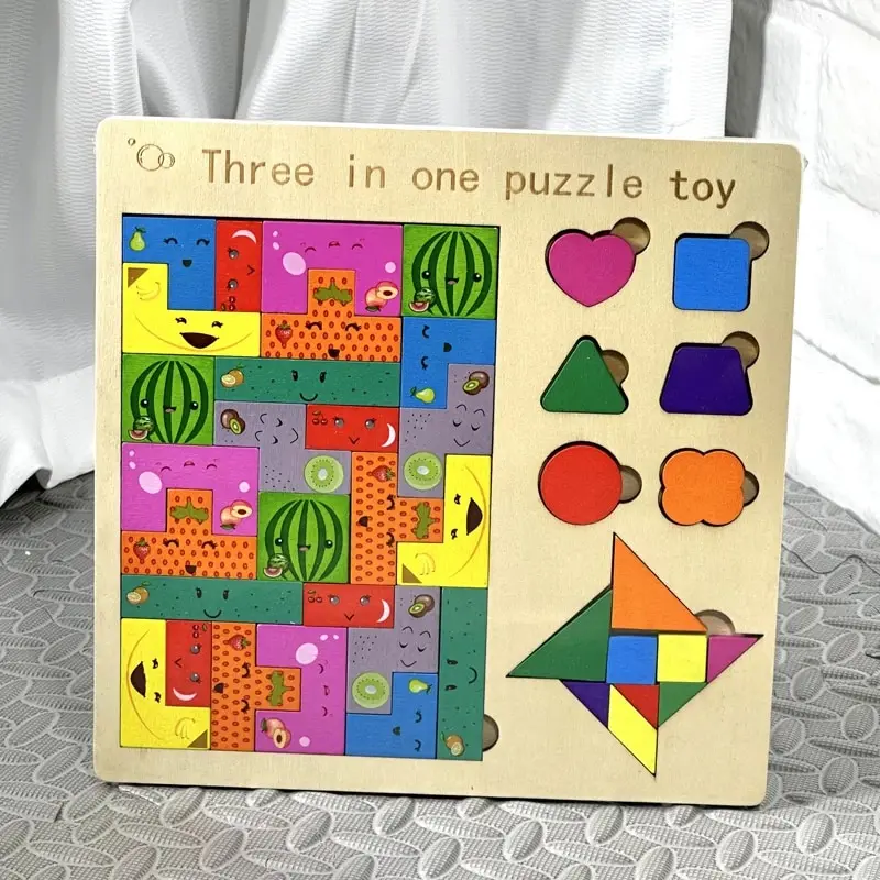 3 In 1 Puzzle Baby Toddler Toys Early Education Wood Colored Toys 3D Wooden Fruit Jigsaw Shape Cognition Tangram Game