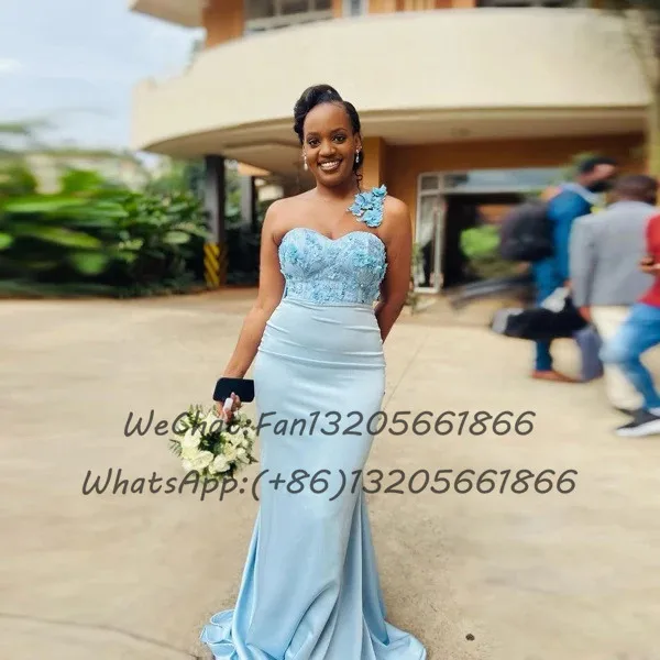 Light Blue One Shoulder Bridesmaid Dresses Applique Lace Long Bow Sweep Train Mermaid Wedding Guest Dress Party Women Prom Gown