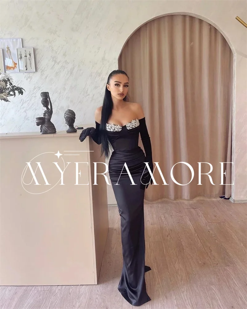 Modern Satin Mermaid Evening Dresses for Women Strapless Long Glove Beadings Long Prom Dresses Customized فساتين سهرة