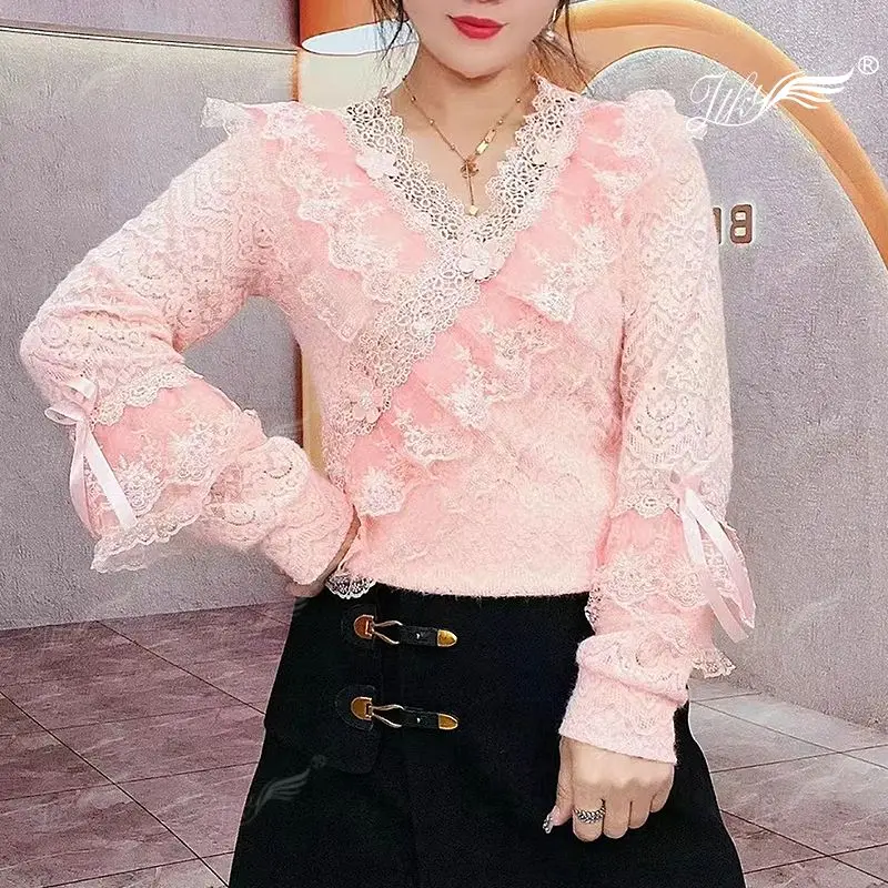 Spring Autumn Lace Ruffles Spliced Shirt Vintage Hollow Out Elegant V-Neck Female Clothing Stylish Bow Asymmetrical Slim Blouse