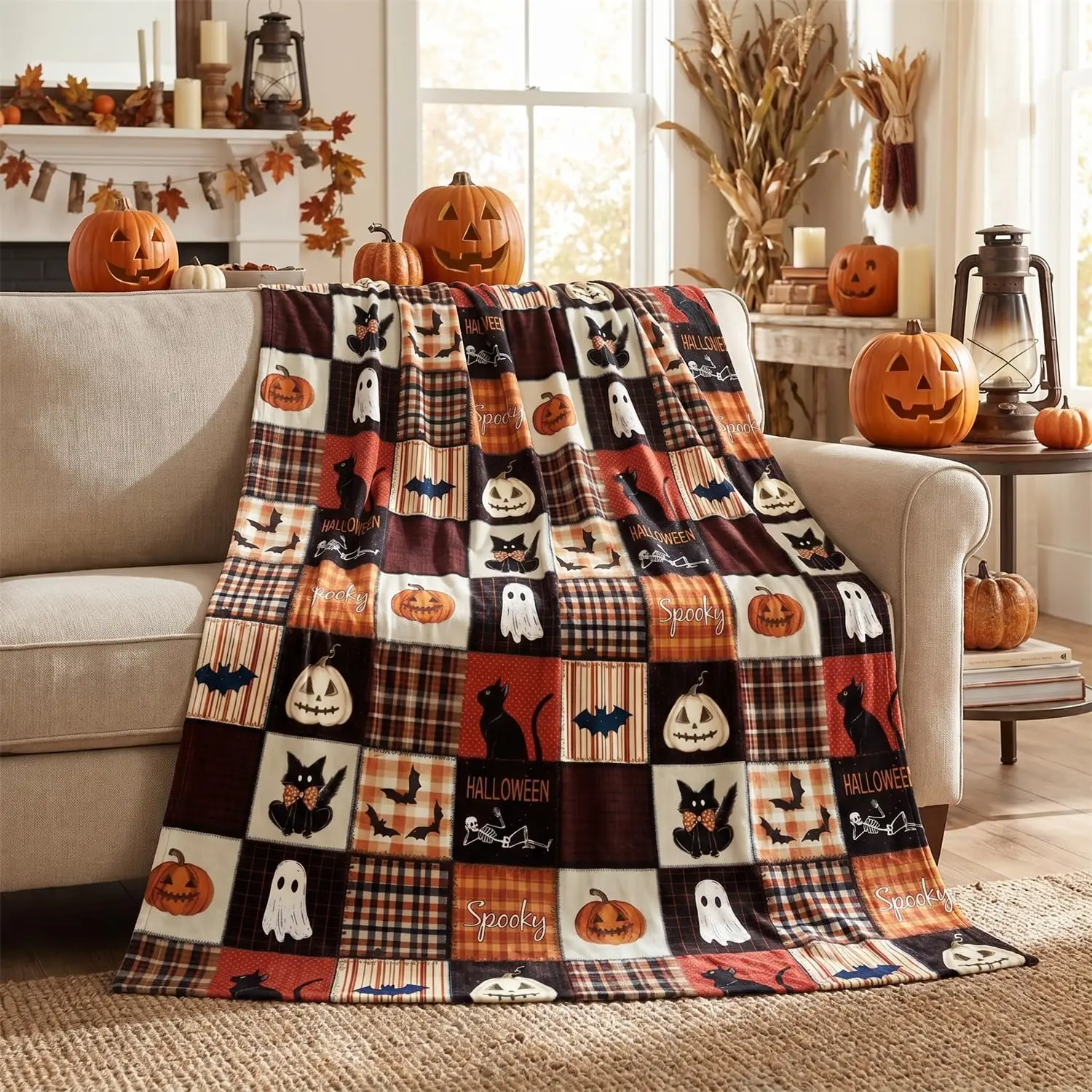 Halloween Grid Pumpkin Cat Bat Ghost Flannel Throw Blanket 50x60in