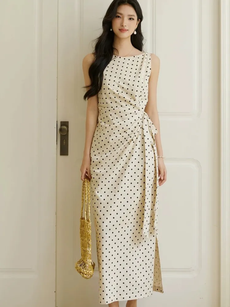 

Women O-neck Dots Printed Sleeveless Dresses Elegant Slim Waist Lace-up Female Split Package Dress Prom Evening Female Clothing
