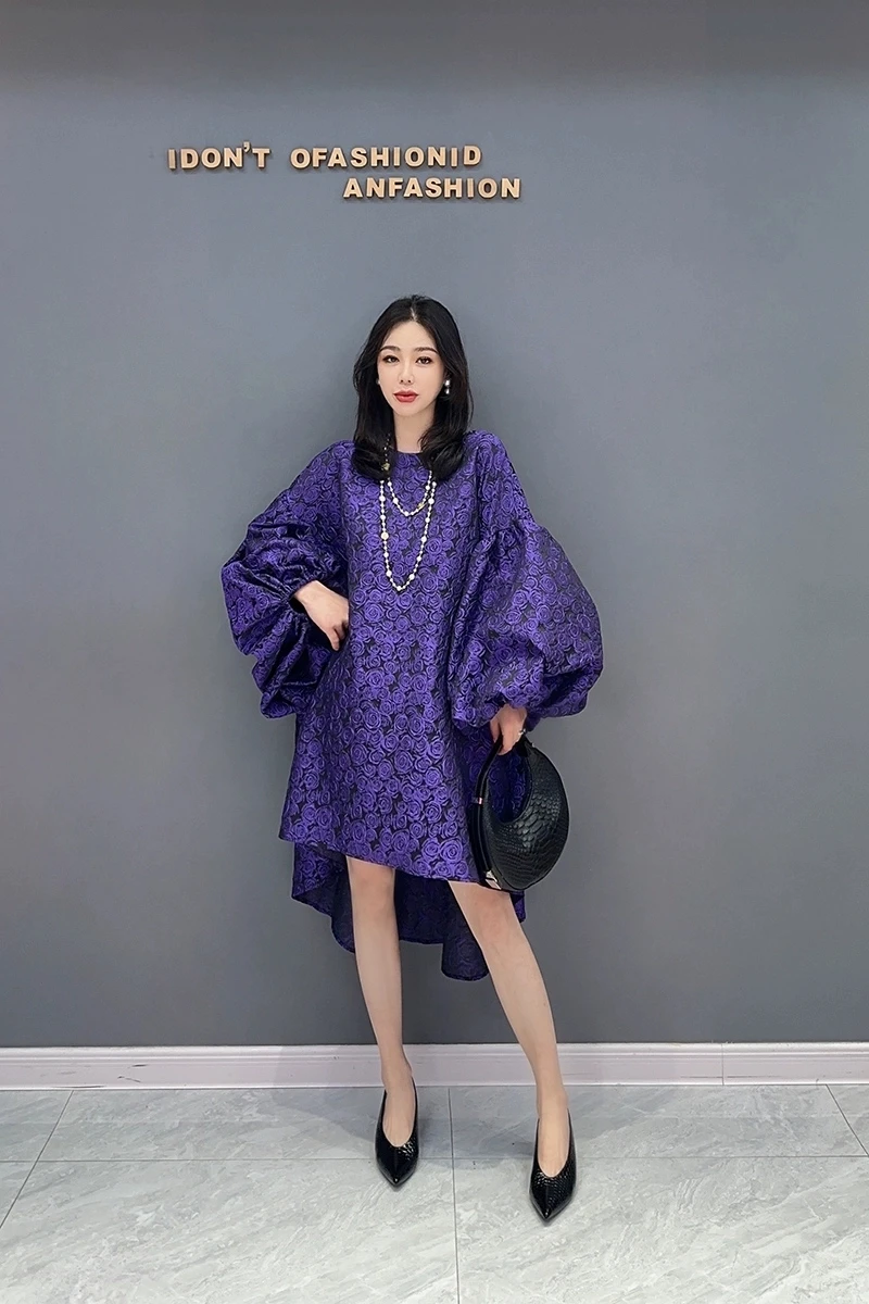 2024 Autumn New Elegant Solid Color O-Neck Loose Flower Short Dress Women Fashion Puff Sleeve Dress Wholesale J559