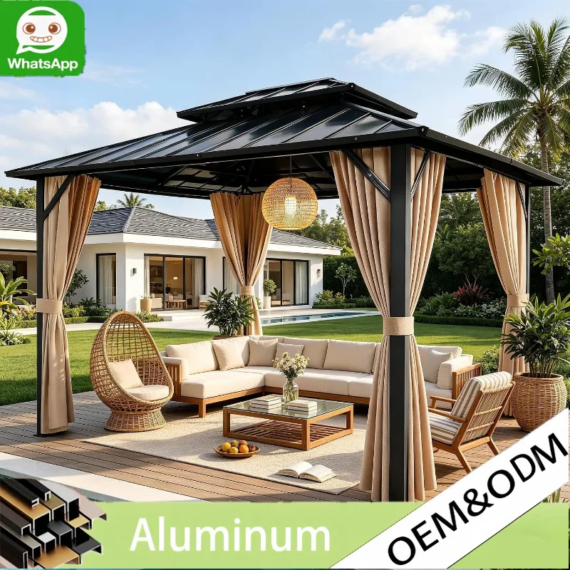 Any Size Custom Permanent Hardtop Gazebo Double Tiered Roof Metal Pavilion Privacy Curtains BBQ Grill Patio Backyard Deck