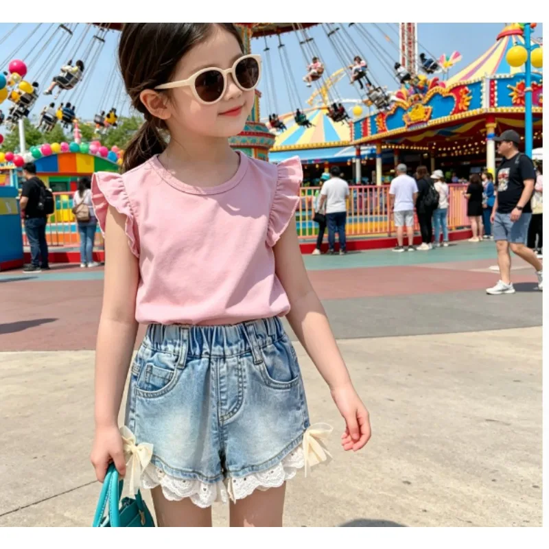 2026 baby Girls' Lotus Leaf Short Sleeve and pant set Summer Thin Girls' Flying Sleeve T-shirt denim shorts set