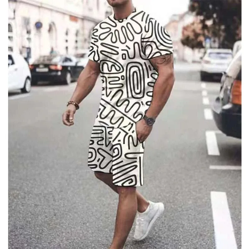 2025 New Fashion Men's Suit Harajuku Vintage Printed Short-Sleeved T-Shirt Shorts 2 Piece Clothes Casual Men Set Streetwear