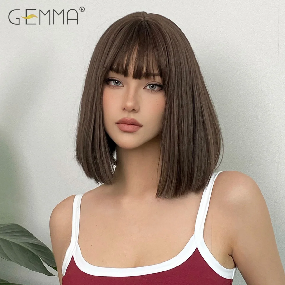 GEMMA Dark Brown Bob Synthetic Natural Hair Wig with Fluffy Bangs for Women Short Straight Wigs Heat Resistant Daily Cosplay Wig