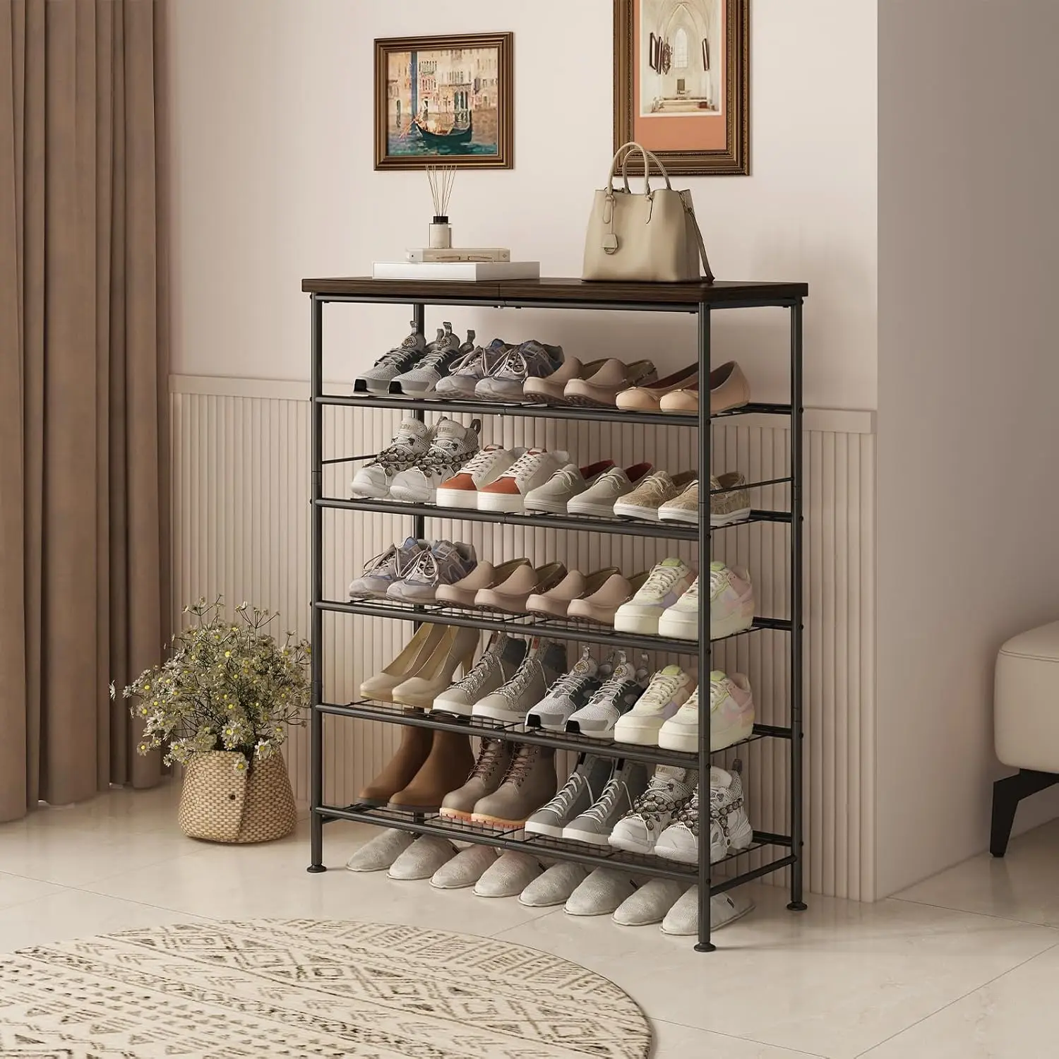 Shoe Rack Organizer 6 Tier for Closet Entryway Free Standing Metal Storage Shoe Shelf with MDF Top Board，Black