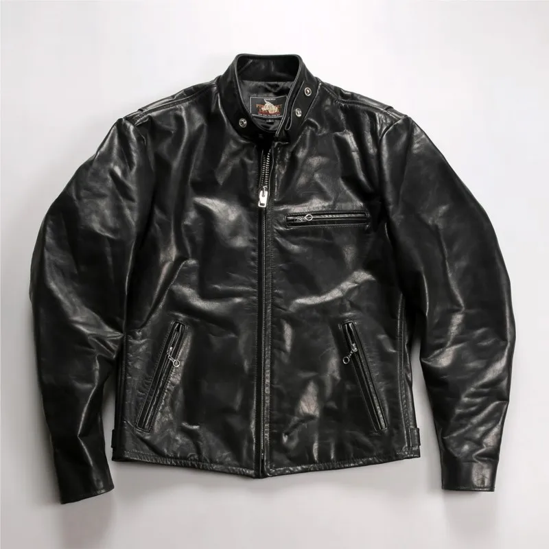 Coffee-style cowhide leather for men stand-up collar motorcycle