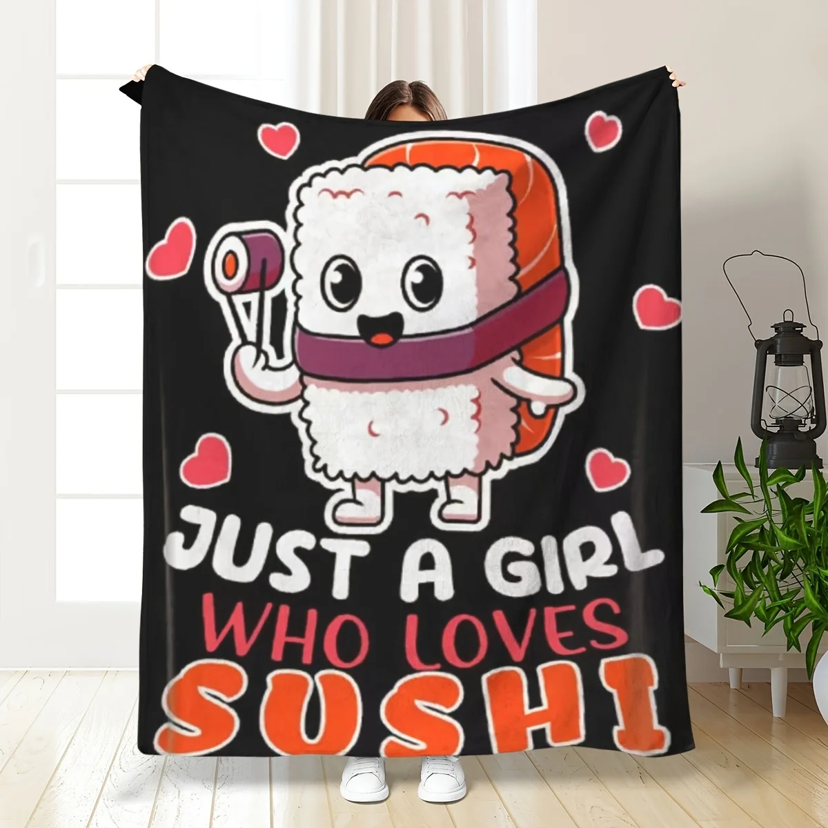 Sushi Print Flannel Throw Blanket, Contemporary Style, All-Season, Soft & Comfortable, Vegetable Print, for Sofa,, Office, Campi