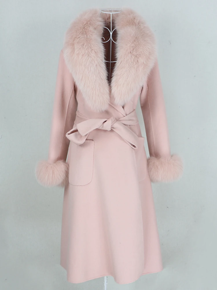 

2025 Women New X-long Cashmere Wool Blends Real Fur Coat Belt Winter Jacket Natural Fox Fur Collar And Cuffs Streetwear