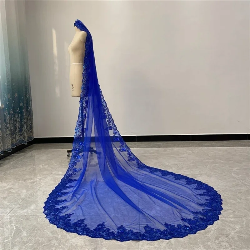 

New Royal Blue 3 Meters 3.5M 4M 5M Bling Sequins Lace Long Cathedral Wedding Veil Colorful Bridal Veil with Comb