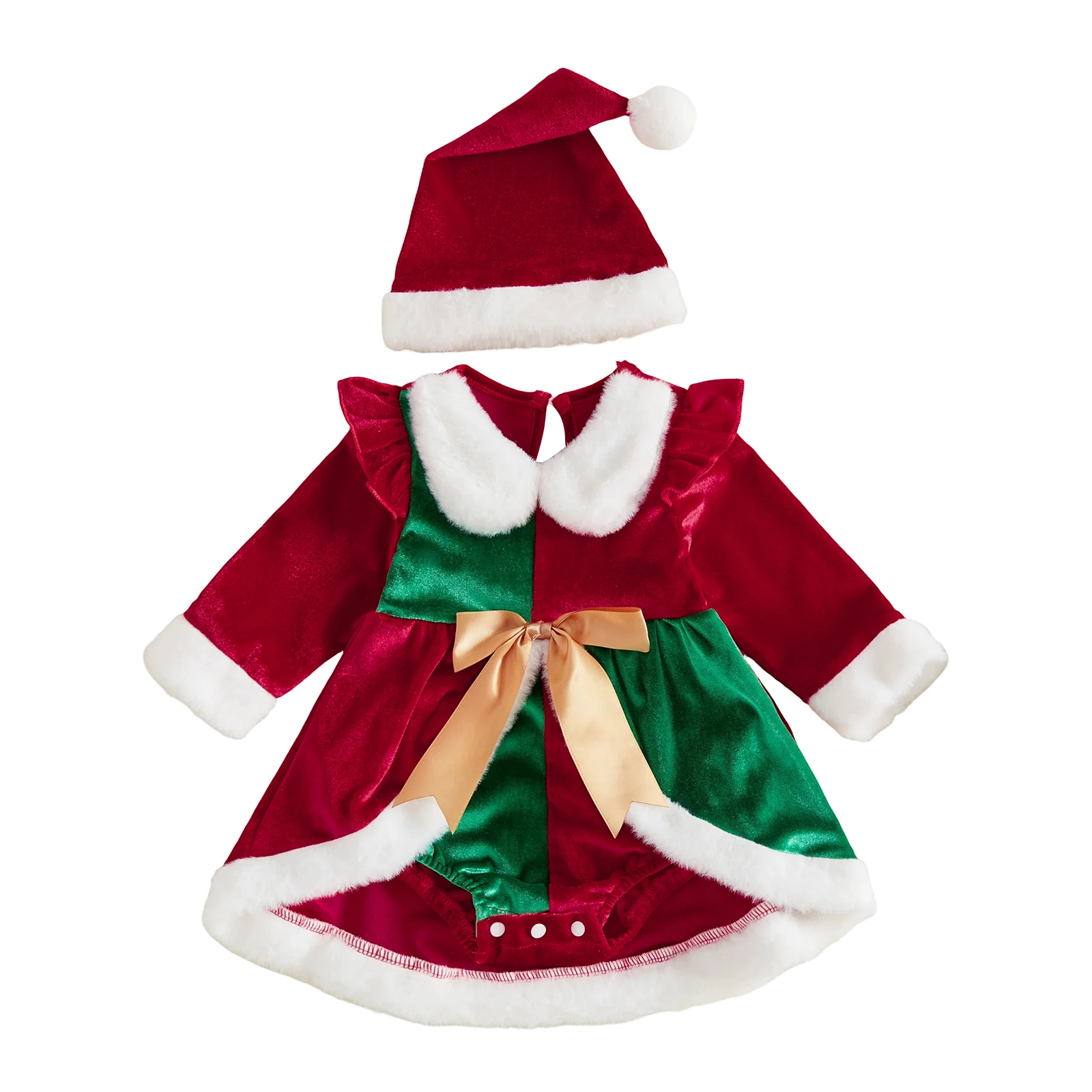 2027 New Years Toddler Baby Girl Christmas Outfit Winter Warmer Furry Trim Long Sleeve Romper and Hat 2 Pcs Set for Xmas Rompers