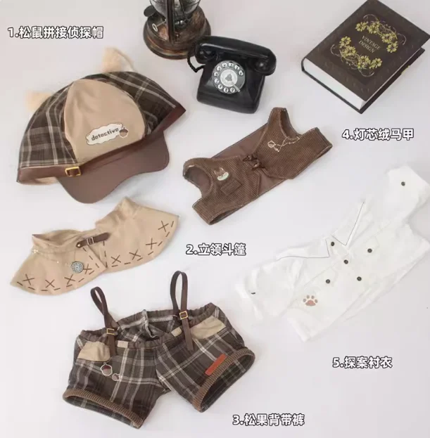 Retro Detective Boy Cloak Hat Shirt Vest Dungarees Outfit Set Cosplay For Cute 40cm Dress Up Clothes Clothing