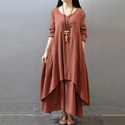 Women Elegant Linen White Dresses Bohemia Layering Vintage Robe Long Sleeve Loose Long Dress Oversized Female Autumn Vestidos