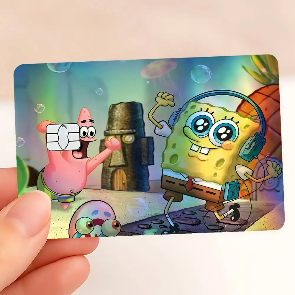 Cartoon S-Sponge-BobS Yellow Laser Reflective Card Skin Sticker For Debit Credit Card