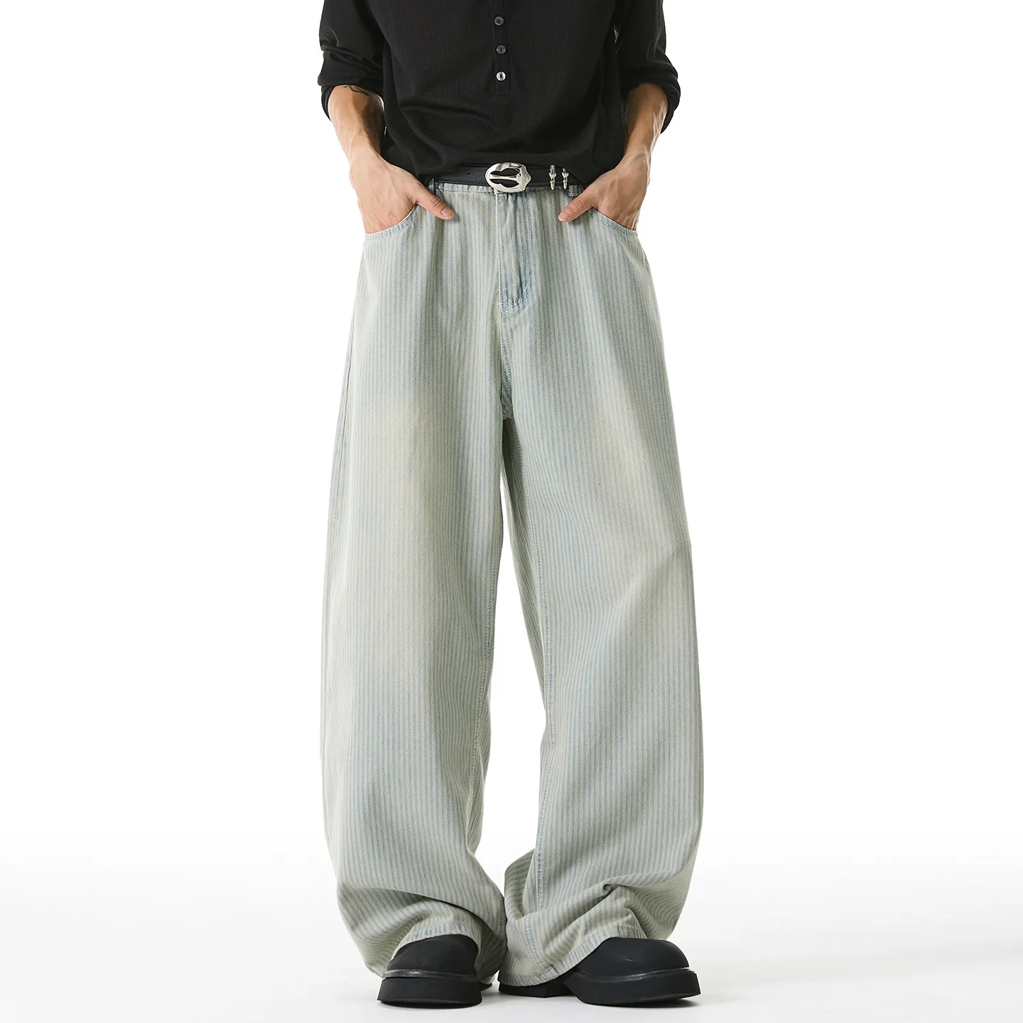 레트로 세로 줄무늬 청바지 남성 가을 스타일 미국 패션 브랜드 캐주얼 스트레이트 레그 팬츠 루즈 롱 팬츠