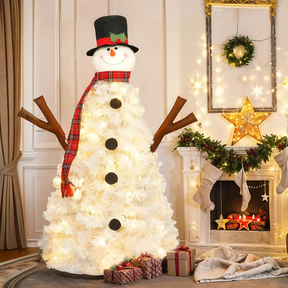 4ft Pre-lit Christmas Tree with 100 Lights, Snowman-Shaped Artificial Christmas Tree with 380 Branch Tips, PVC Decoration 2024