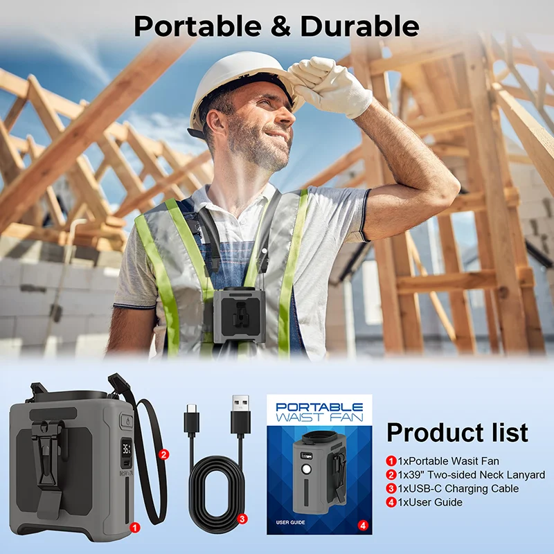 10000mAh Waist Fan Wearable Waist Fan 5 Speeds & Light 40H Hands-Free Cooling for Outdoor Jobsite Travel Long range for outdoor image 3