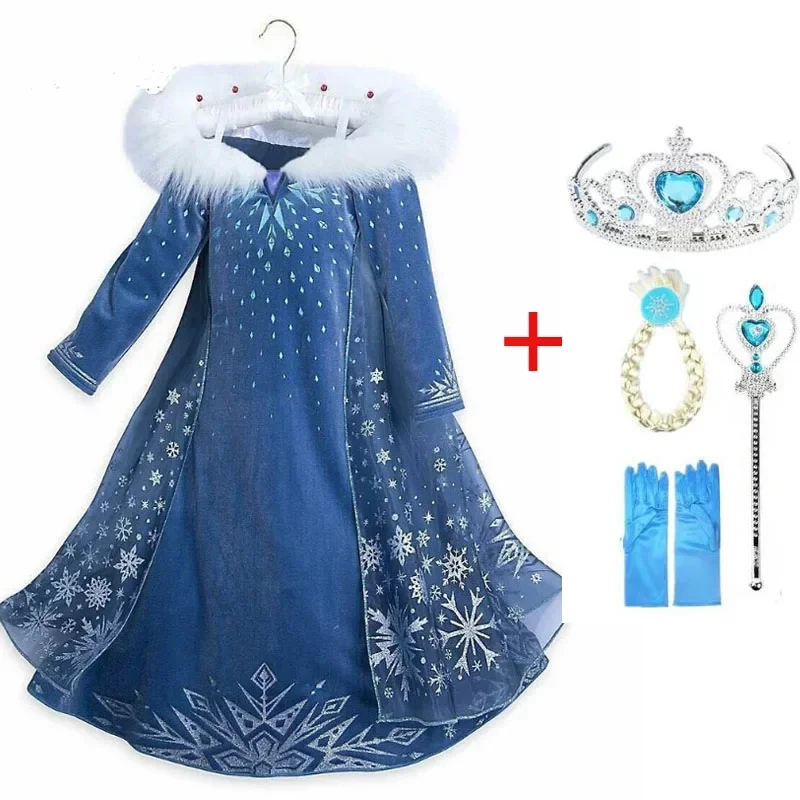 Frozen Elsa Princess Dress Girl Halloween Cosplay Costume Birthday Carnival Party Snow Queen Long Sleeve Snowflakes Kids Clothes