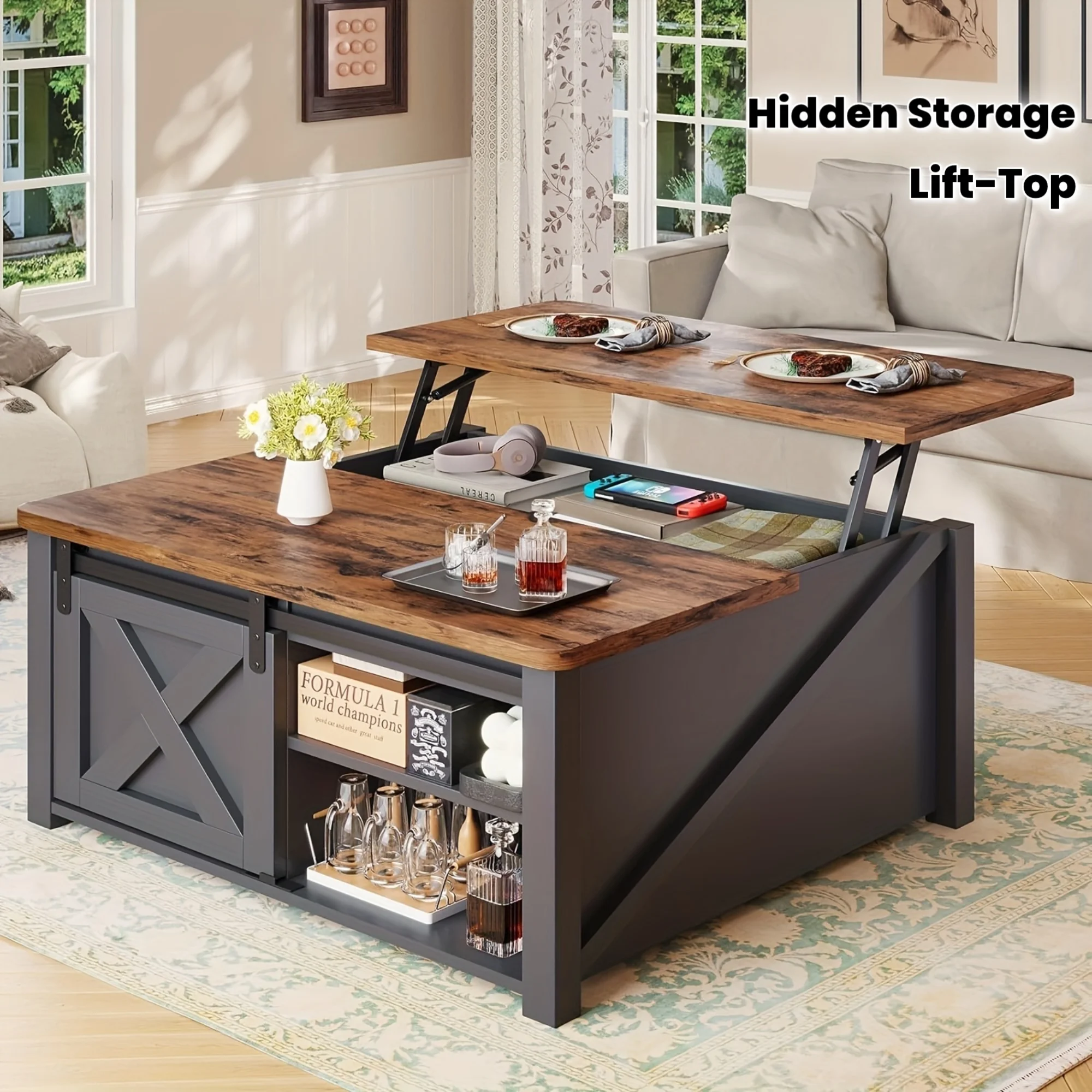

Farmhouse Lift Top Coffee Table with Storage, Square Coffee Table with Large Hidden Storage Compartment And Adjustable