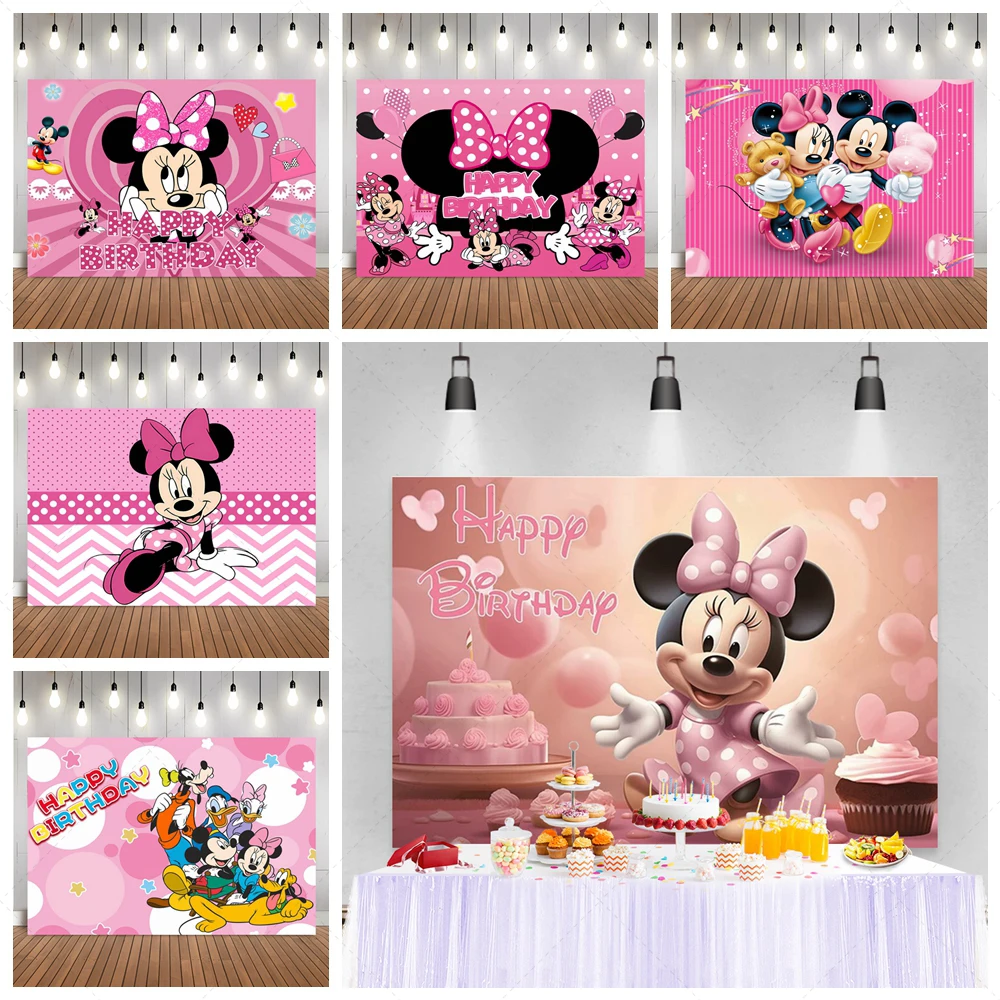 

Minnie Mouse Party Decoration Pink Background Baby Shower Kids For Girl Happy Birthday Party Decoration Backdrops Gifts Props