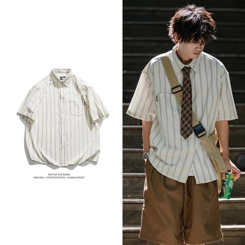 

Mr. WH Cityboy Retro Striped Shirt Short Sleeve Men's Summer Loose Casual Workwear Shirt Trendy Polyester Fiber Four Seasons