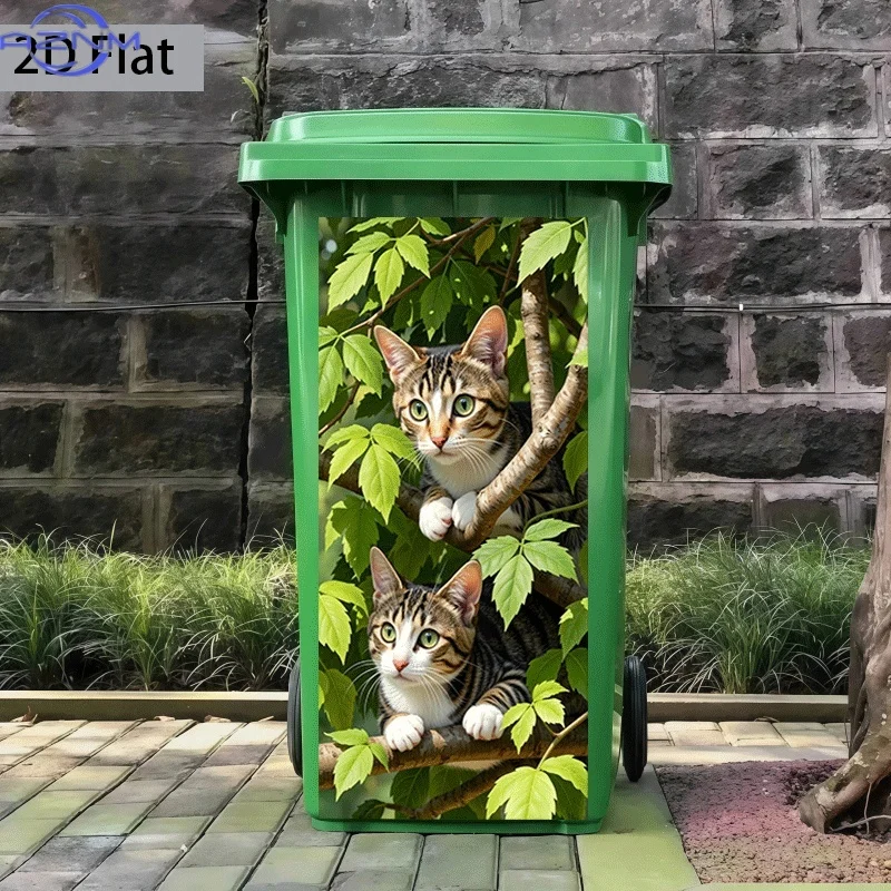 2D Flat Printing 1pc Trash Can Sticker, Double Cats Perched on Branch Theme Design, Self-Adhesive Wall Decal for Kitchen Trash