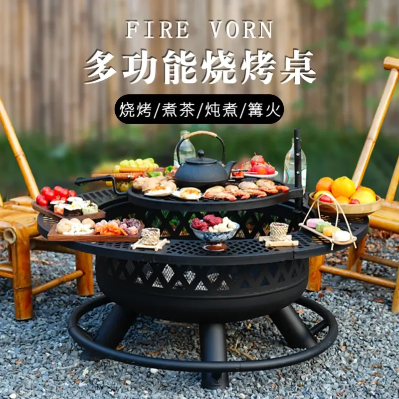 Outdoor Multifunctional BBQ Grill Patio Enclosure Tea Table Set Firewood Stove Heating