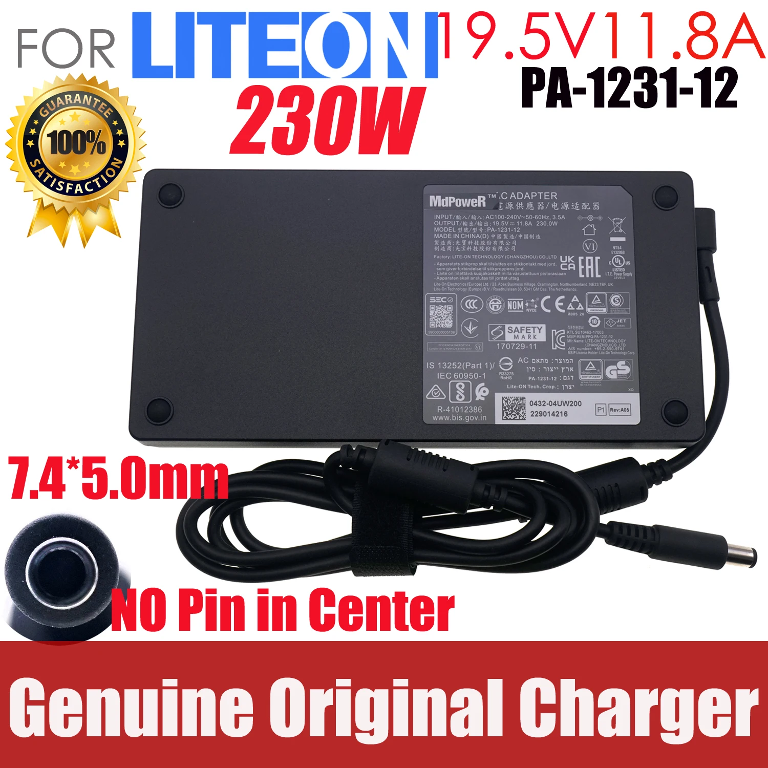 

Genuine Liteon 19.5V 11.8A 230W AC DC Power Adapter PA-1231-12 NUS 7.4*5.0mm NO PIN inside