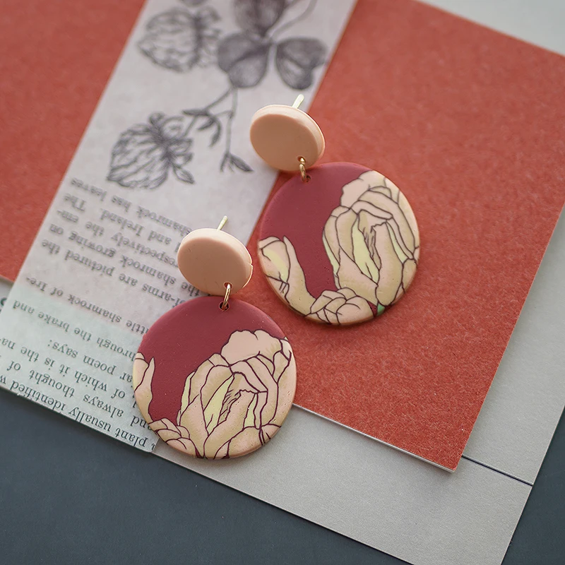 Art Floral Vintage Abstract Pattern Handmade Polymer Clay Earrings Set for Women Big Size Long Dangle Multi Shapes Warm Colors