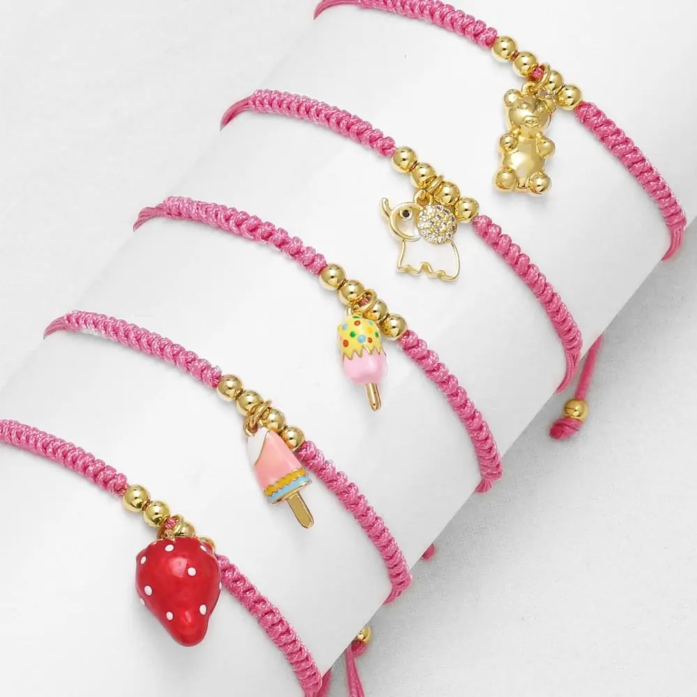 FLOLA Enamel Red Strawberry Bracelets for Women Fuchsia Rope Chain Elephant Bear Bracelets Gold Plated Jewelry Gifts brth82