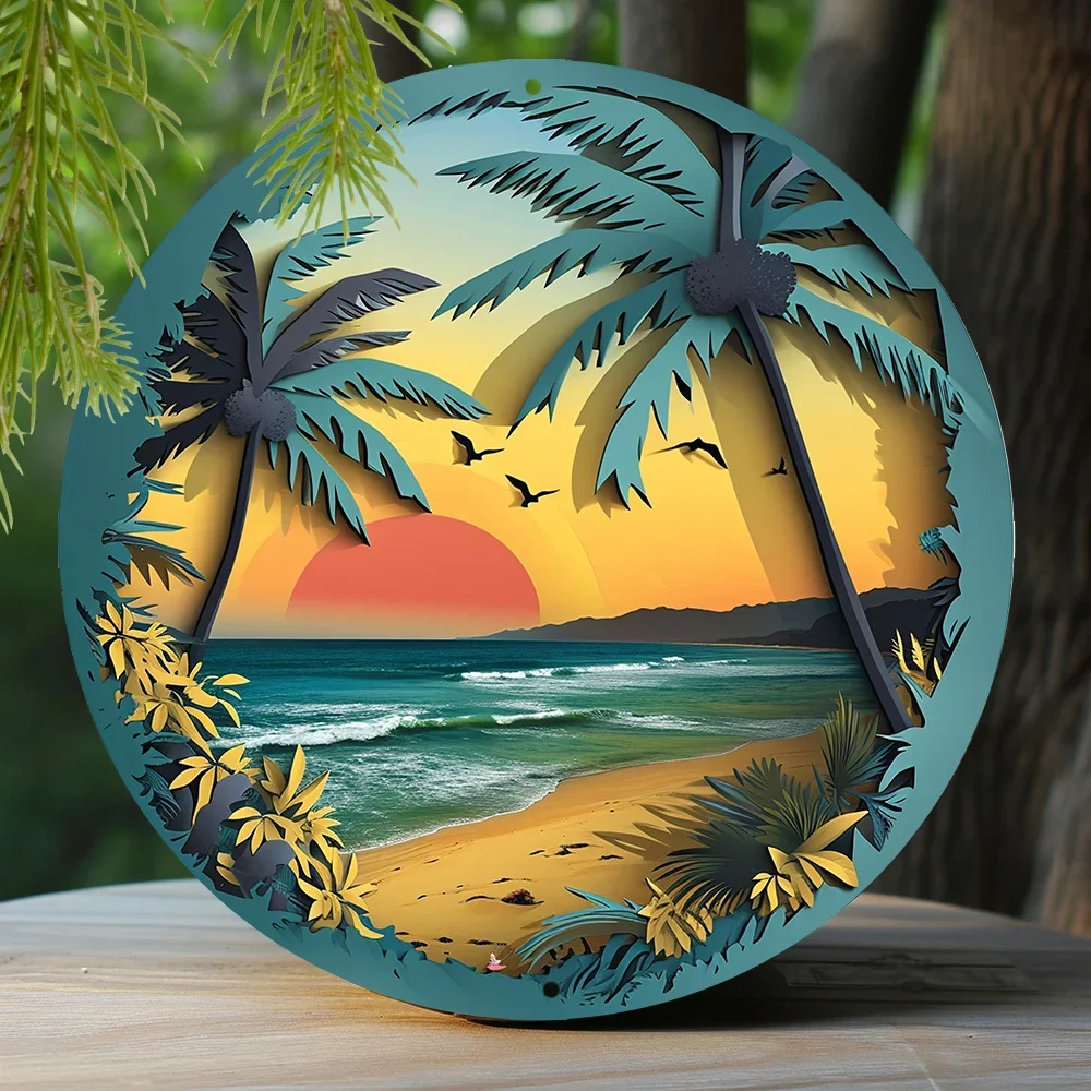 Metal Sign Faux Cutout Painting Circular Wreath Sign Office Decoration Mothers Gifts Sunny Beach Theme  vintage  room