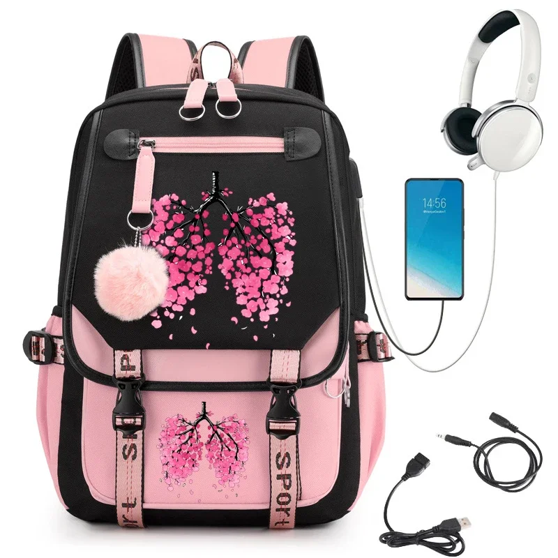 Sakura Hanahaki Pulmões Mochila para meninas, bonitos sacos escolares para estudante, mochila escolar impermeável para adolescente, muitos bolsos