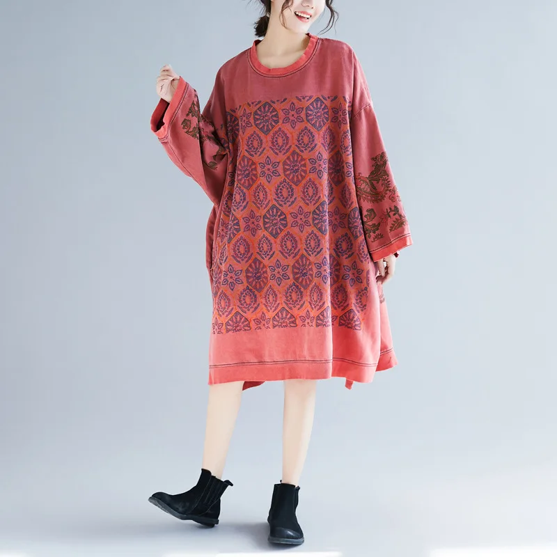 

Mid Length Dress Women Dresses Casual Loose Print Vestidos Maxi Streetwear Round Neck Autumn Elegant Jackets Y2k Work 2025
