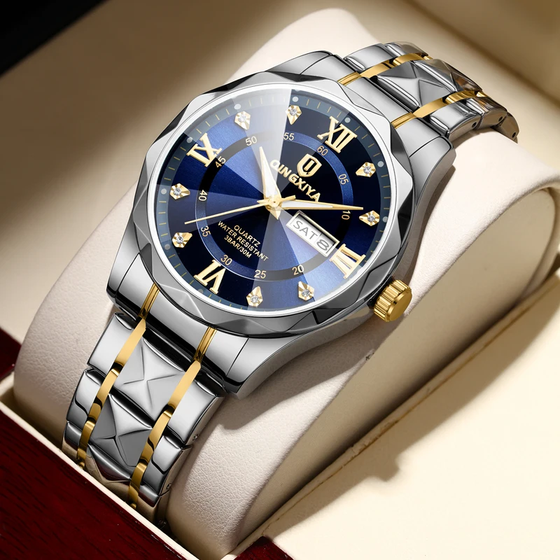 

QINGXIYA Fashion Blue Quartz Watch for Men Stainless Steel Waterproof Luminous Date Week Mens Watches Top Brand Luxury Clock