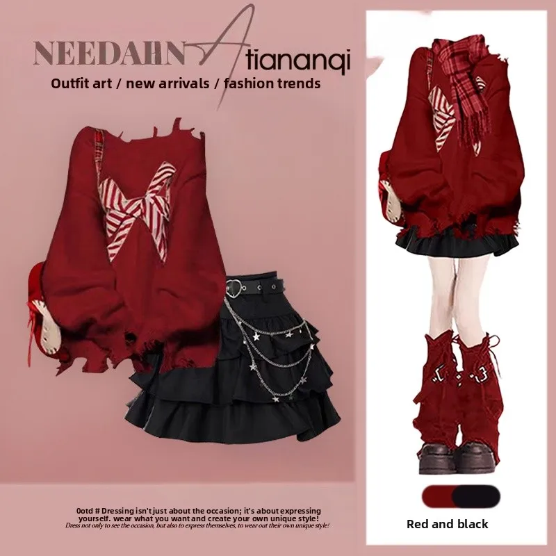 

Fashionable Knitted Sweater And Puffy Skirt Set with Bow Design for Women Autumn Winter Two-Piece Ensemble Casual Wear