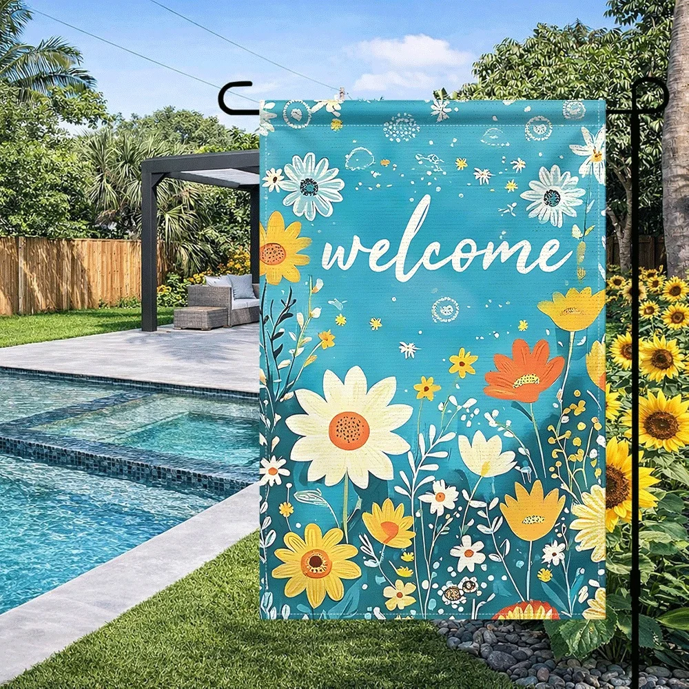

1PC Welcome Wildflower Garden Flag, Blue Background Floral Welcome Yard Flag, Double Sided Spring Summer Outdoo