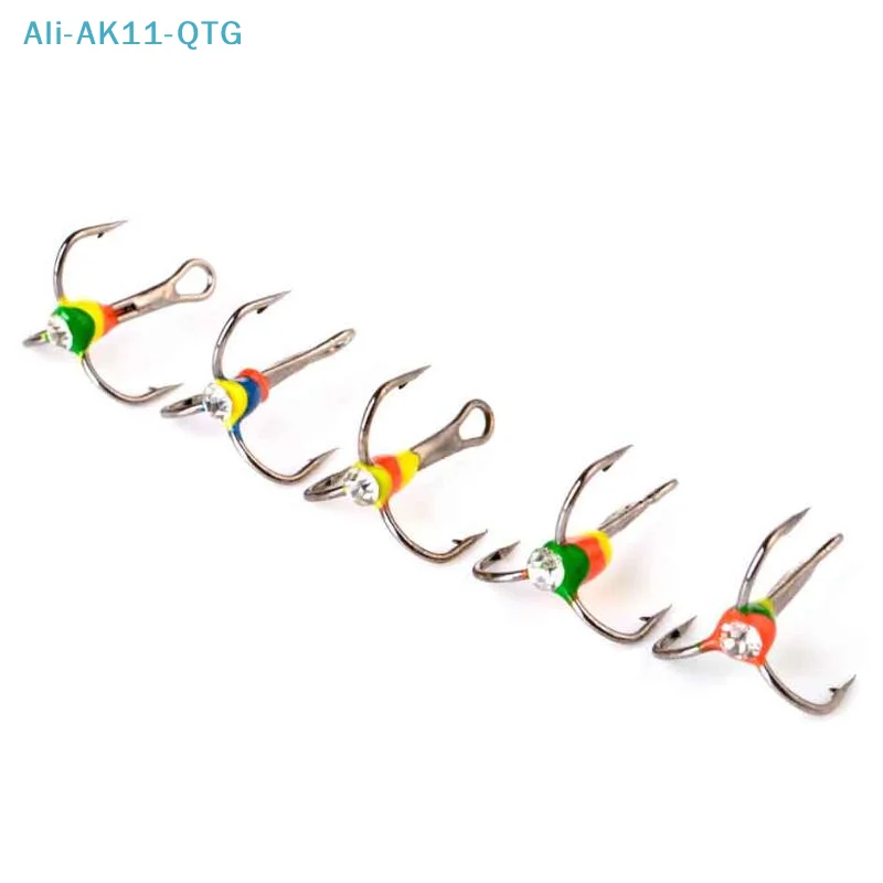 New 5Pcs Fishing Hook Winter Ice Fishing Hook Three-jaw Hook With Rhinestones High Carbon Steel Tackle Tool 6# 8# 10# 12#