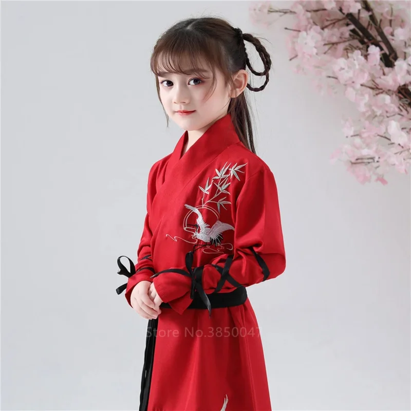 Hanfu ชุดจีนดั้งเดิมเด็กแบบนกกระเรียนโบราณชุดเต้นรำชุดจีนเด็กผู้ชายเด็กผู้หญิงชุดปาร์ตี้เสื้อผ้าปีใหม่